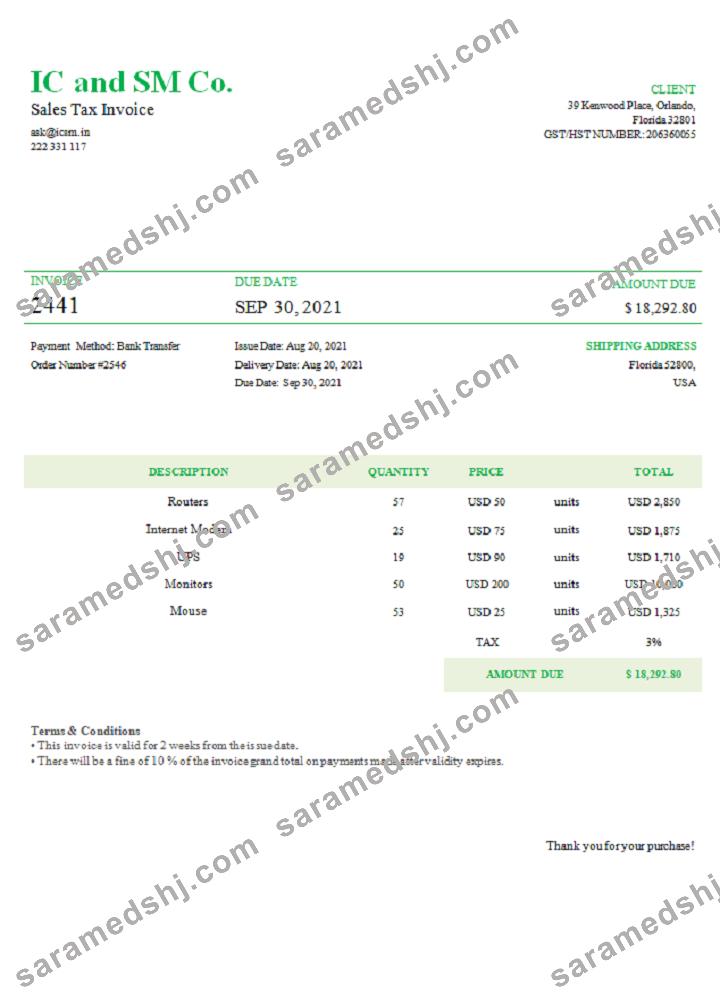 USA IC and SM Co. invoice